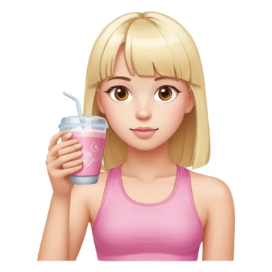 chica con un top rosa de gimnasio y pelo rubio con flequillo tomándose un café en un vaso transparente con hielo  sticker