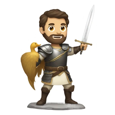 Confident armored White Man with dark brown hair and a short beard pointing forward with one arm holding a sword and yelling a battle charge while riding on the back of a giant duck sticker
