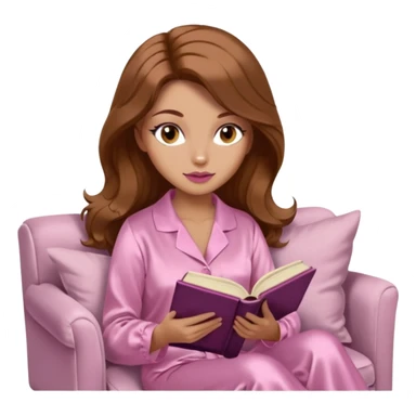 Woman with light tanned skin reading a book on Beige sofa. Long wavy medium brown hair. Beige ivory colour background. Very pale pink silk pyjamas. Realistic. Foxeye with long lashes. Pinky mauve lips. sticker