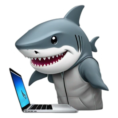 A shark wearing a hoodie coding on a MacBook Pro sticker