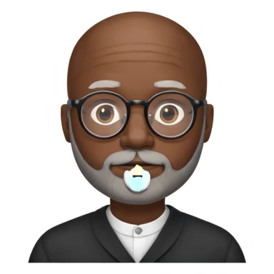 African american male, bald, gray beard. Round face, glasses sticker