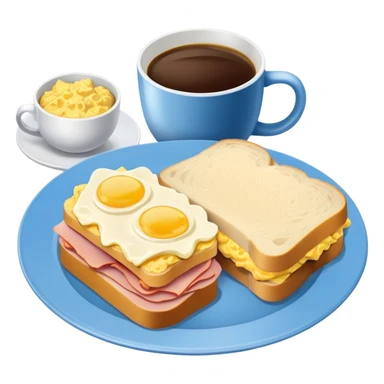 a blue breakfast plate, a sandwich with ham and scrambled eggs and a cup of white coffee sticker