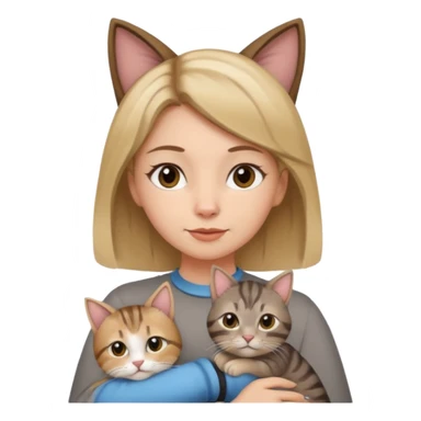 Une femme avec les cheveux dégradée, brun et blond, qui fait un câlin à son chat gris, tigré avec les extrémités que pattes et pointe d’oreilles noires et le dessous du menton blanc sticker