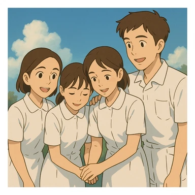 Four nursing students, three girls of the same height and one slightly taller boy, all in complete white short-sleeve uniforms without stethoscopes, helping each other, faces inspired by provided photos, Ghibli style, warm atmosphere, group dynamic sticker
