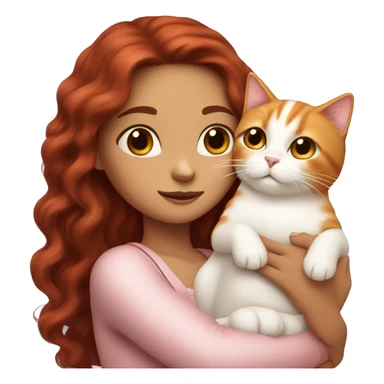 girl with long very dark red wavy hair and dark brown eyes and light pink outfit hugging a white & ginger cat  sticker