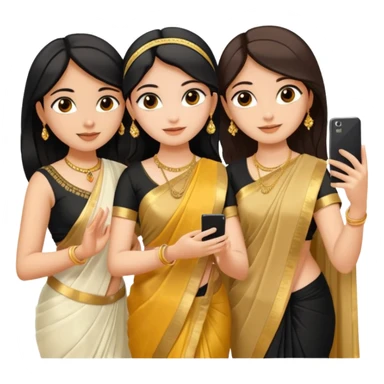 Three girls taking selfie one is wearing white saree second is wearing golden saree and the third is wearing black saree sticker