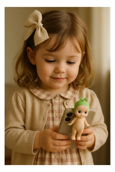 realistic image of a sweet girl with a bow, adorable outfit, and a phone with a Sonny Angel attached to it sticker