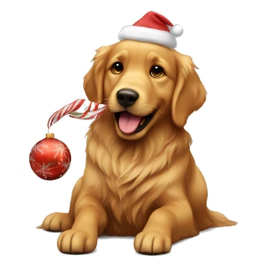 dark brown golden retriever playing with a christmas toy sticker