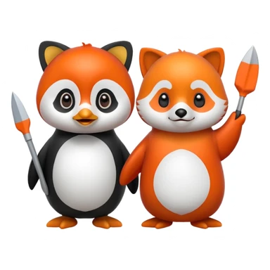 A cartoon  cute cartoon penguin. Next to it is a cartoon red panda holding its flipper  sticker