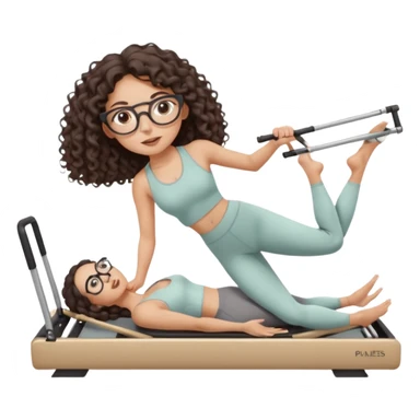 Memoji-style girl with long dark brown curly hair, round glasses, large brown eyes, soft rounded face,makeup, warm beige skin tone, wearing Pilates activewear performing Pilates and reformer Pilates exercises on a reformer machine, pastel color palette, smooth soft shading sticker