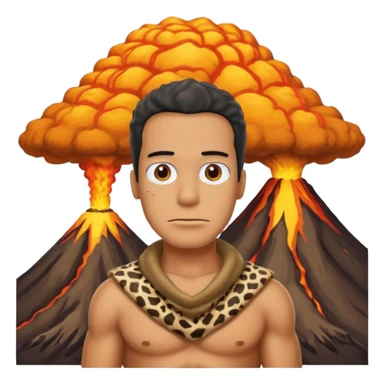 a simpson guy wearing ancient animal skin cloth with volcano behind, half body, icon sticker