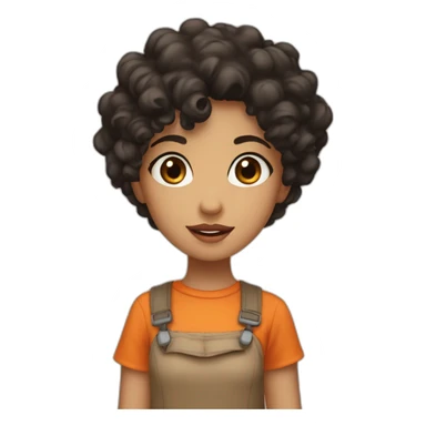 a light skin girl with curly black hair and brown eyes an and a orange shirt pointing at somthing sticker
