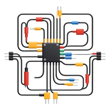 minimalistic electrical circuit schematic icon, top-down view, using basic geometric shapes like lines, dots, arrows to represent resistors, wires, connection nodes, clean and intuitive symbolic wiring diagram, instantly recognizable sticker