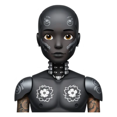 black Tatooed robot, big many tatooes on chest, neck and face, white tatoo on face sticker