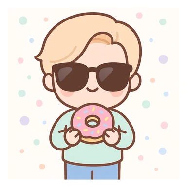 Add sunglasses to Justin Bieber while he holds a donut, keep kawaii style, cute kawaii style with sunglasses added on face, donut in hand visible clearly. sticker