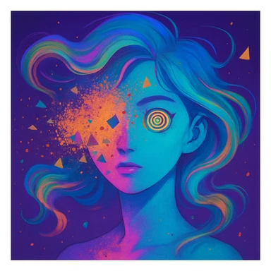 surreal portrait, neon skin, dissolving face with airbrush color explosion, hair as liquid color swirls like aurora, spiral eyes, geometric shapes breaking through face, paint spray effect, acid purple, turquoise, electric pink, smooth blending, dynamic movement sticker