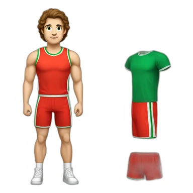 retro 70s red and green gym clothes for a modern white brunette uni male student with glass sticker