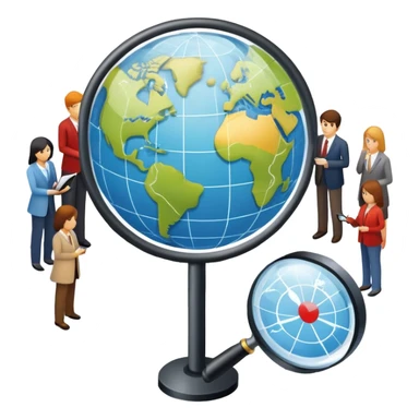 An icon featuring a group of people, a network diagram, and a magnifying glass, symbolizing sociology. The design includes a globe and interconnected lines, representing social structures and relationships. Transparent background highlights the study of societies and human behavior. sticker
