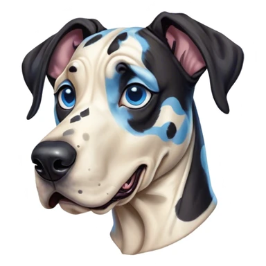 Cinematic Comical Harlequin Great Dane Portrait Emoji, Head tilted dramatically with an exaggeratedly shocked or amused expression, featuring a striking coat of predominantly white with vivid black patches, wide, expressive blue eyes filled with playful disbelief, Simplified yet hilariously expressive features, highly detailed, glowing with a slightly sassy glow, high shine, dramatic yet playful, stylized with an air of cheeky charm, bright and endearing, soft glowing outline, capturing the essence of a spirited and over-the-top guardian, so meme-worthy it feels like it could side-eye its way into internet fame instantly! sticker