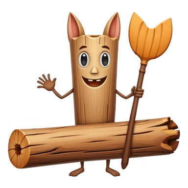 The character is an anthropomorphic wooden log with a cartoonish face, human arms and legs, and a long wooden bat, giving it a surreal, humorous appearance. sticker