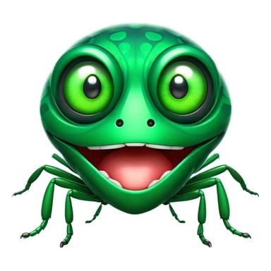 Cinematic Comical Green Bugdie Portrait Emoji, Head tilted dramatically with an exaggeratedly amused expression, featuring a striking, glossy emerald exoskeleton with bold patterns, wide, expressive multifaceted eyes filled with playful disbelief, Simplified yet hilariously expressive features, highly detailed, glowing with a slightly sassy glow, high shine, dramatic yet playful, stylized with an air of cheeky mischief, bright and endearing, soft glowing outline, capturing the essence of a spirited and over-the-top bug, so meme-worthy it feels like it could side-eye its way into internet fame instantly! sticker