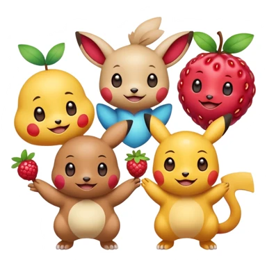 Three Pokémon characters showing kindness and teamwork. One Pokémon is handing a berry to another, while the third Pokémon is cheering and clapping happily. They look joyful and friendly, standing close together in a bright, colorful cartoon scene. The style is cute, playful, and emoji-like. sticker