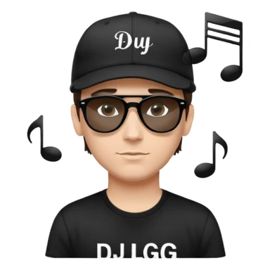 Emoji of a white man with short dark brown hair under a black baseball cap, wearing a black t‑shirt and 1980s‑style black Ray‑Ban rectangle sunglasses black lenses, with black musical notes floating around his head,  word "DJ DLG" written on the hat sticker