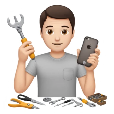 make a white guy with dark brown hair, with a simple white o grey shirt, repairing an iphone happy, tecnician with small tools sticker