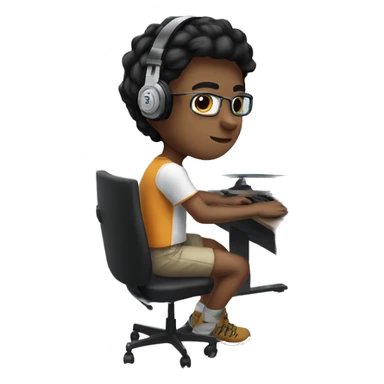 white boy with dark hair and lasses wearing gaming headset and sitting at desk on desktop computer   sticker