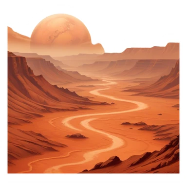 Cinematic Realistic Mars, portrayed with rugged, rust-colored landscapes, deep canyons, and swirling dust storms rendered with lifelike texture and an orange-hued glow that evokes the enigmatic allure of the Red Planet. sticker