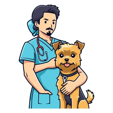 A blonde white nurse stands beside a handsome, muscular Korean man with black hair styled in a sharp point, a full goatee, and a blonde Yorkshire Terrier in his arms sticker