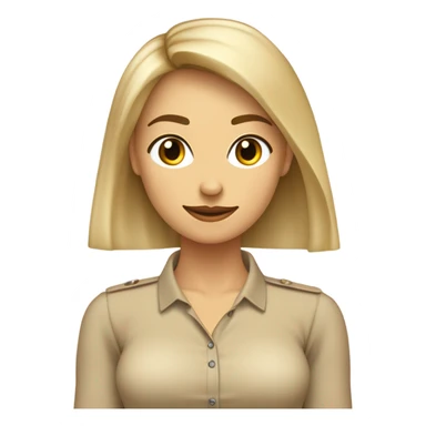 Mujer con cabello rubio lacio, hasta el hombro, con flequillo de lado, frente amplia y aros de argolla, ojos café. Camisa color beige con cuello tortuga sticker