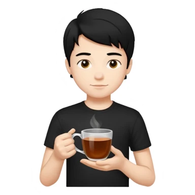 The boy teen have a black hair, and black T-shirt with a cup of tea. blue background  sticker