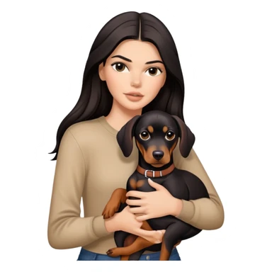 Kendall Jenner with long dark hair holds a Doberman Pinscher in her arms sticker