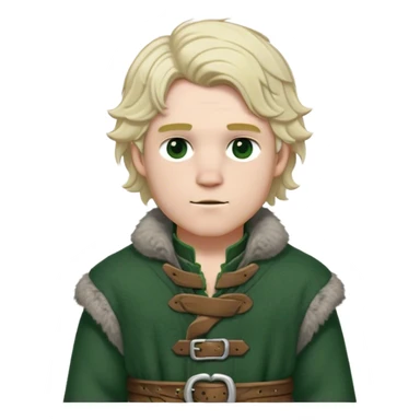 Medieval winter outfit worn by a DnD themed fantasy male character. Double-layered forest green wool tunic with bear fur lining, decorated with pewter toggle closures and a thick woven belt. Clothes only above the waist, full waist coverage. The character has no arms. Character is white-skinned with pale blonde hair, steel gray eyes, and medium-length wavy hair with frost-tipped ends sticker