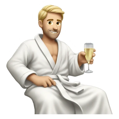 A white man in a bathrobe on the sofa with a glass of champagne sticker