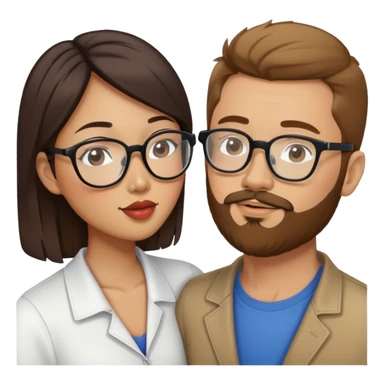 Asian American woman kissing a white guy with brown hair and only the white guy has beard stubble and glasses sticker