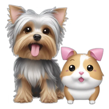 yorkshire terrier with grey hair with the tongue and two little pink hair-bow on the head and a Hamtaro beside sticker