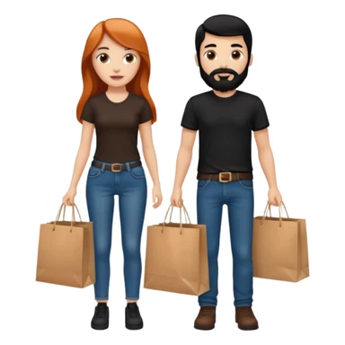 Chica blanca con cabello cobrizo largo y chico con cabello y barba negra los dos de contextura media los dos vestidos de jeans y camiseta negra con bolsas de compras  sticker