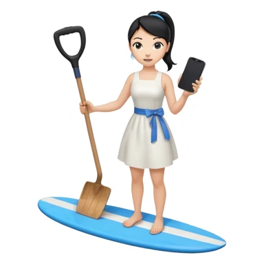 Princess who wearing white dress (woman) black ponytail hair holding her cellphone and  one garden shovel with another hand. She is standing on her feet, there is one blue surfing board under her feet. She is looking at her phone sticker