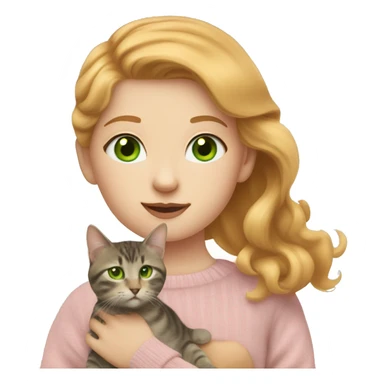 strawberry blonde girl with green eyes wearing a pale pink sweater holding a brown and gray tabby cat with yellow eyes sticker