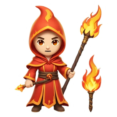 Clash of Clans aesthetic: Cinematic Ferocious Fire Mage Hero Emoji, rendered in a 3D vector-style similar to standard emojis with minimal shading and bold, simplified shapes. A compact, isometric figure draped in flowing, charred and ember-lined robes, wielding a fiery staff crackling with intense flames. Eyes burning with an infernal glow, exuding raw, untamed power. Simplified yet unmistakably iconic, highly detailed and consistent, glowing with a fiery, molten radiance and high shine. Stylized with a touch of menacing sorcery and a searing, ember-infused outline, capturing the essence of a wrathful mage ready to unleash devastating fire magic! sticker