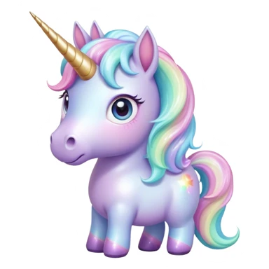 Cinematic pastel-colored unicorn, flowing iridescent mane, big sparkling eyes, tiny rounded hooves, soft chubby cheeks, delicate magical glow surrounding, enchanting and dreamy. sticker