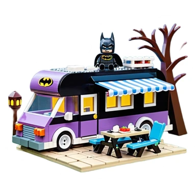  Ultra cute Lego Haunted Batman and Catwoman dream house Caravan with picnic table and folding chairs at night  sticker