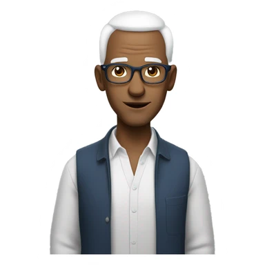 mid age man with paste square glasses, bald with white hair on sides of his head, big ears and expression lines on mouth sides of mouth, tilted head to the side, blue eyes and no beard no mustache sticker