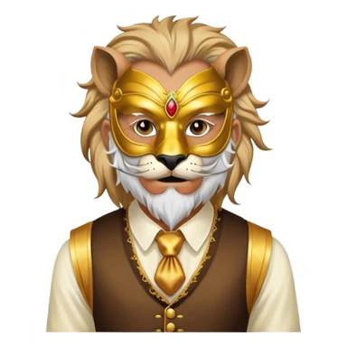 a old man, with a vest,  wear half-face golden Lion masquerade mask sticker