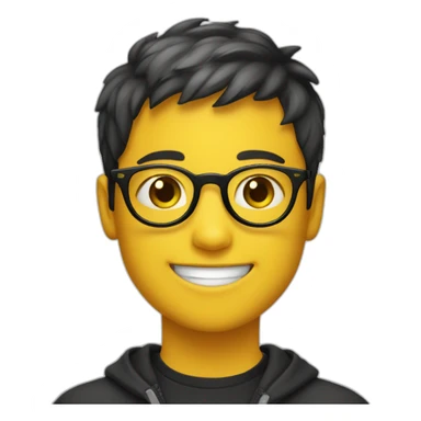 A smiling boy with short hair and yellow skin wearing black-framed round glasses sticker