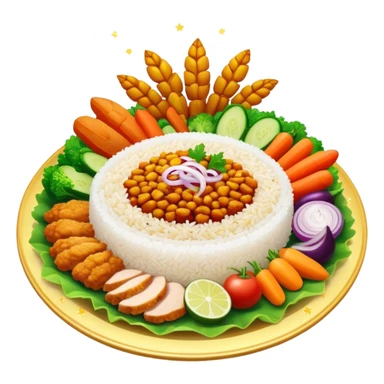 Magical floating plate with ethereal glowing rice, chicken pieces surrounded by sparkles, and enchanted Puerto Rican Boricua mix vegetables sticker