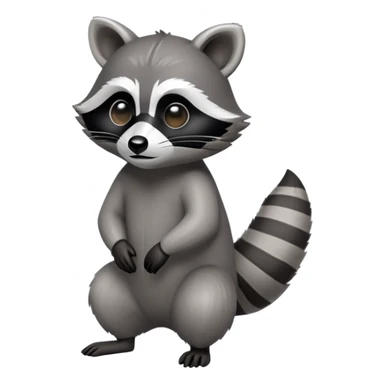 Cinematic-Raccoon-Realistic-hunched Full-Body-Standing on all fours-Emoji – Tail flicking lazily, head tilted dramatically, thick grey fur with a signature black mask, sharp and alert ears, simplified yet realistic focused features, highly detailed, glowing with an almost sarcastic glow. sticker