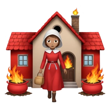 handmaids tale style woman burning house down walking away from house. shes wearing the nun hands maid tale hat cant see her face with brown hair shes wearing the red handmaids tale costume with white bonnet. walking away from the house sticker